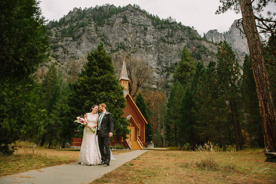Bride and groom at Yosemite Valley Chapel wedding