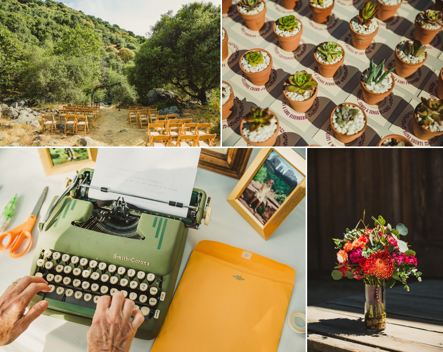 Redwood Ranch wedding details - succulents and typewriter